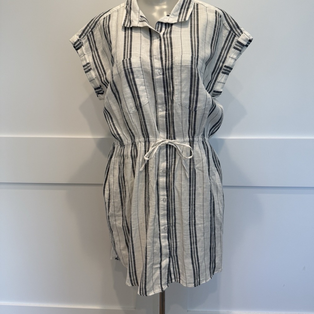 Japna Blue&White Women's Striped Cotton Shirt Dress Drawstring Waist & Pockets L